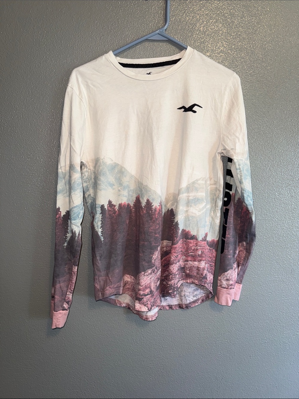 Hollister Mountain Forest Graphic Long Sleeve Tee - White, Pink & Blue